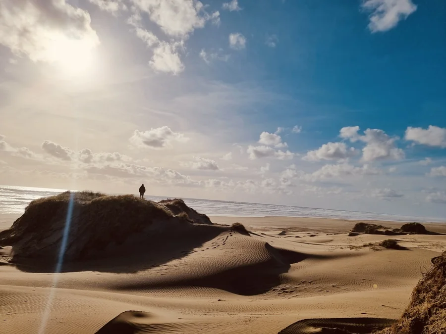 Sonnenbeschienene Sanddünen über dem Meer, mit einer Person auf dem Dünenkamm.